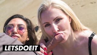 Brittisk milf Georgie Lyalls fitta biter på trästranden med Frida Sante bröst