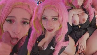 Mitsuri i Kanroji cosplay njuter av hålen i kuken och får en stor skottlossning i ansiktet